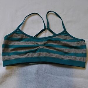 Flirtitude Striped Bralette Sports Bra Size M Teal & Gray Strappy Back